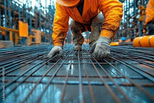 Construction Worker Adjusting Rebar Grid on Wet Concrete