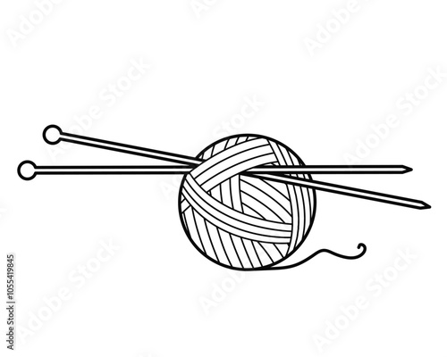 Knitting needles and ball of thread. Outline isolated on white background,  design element