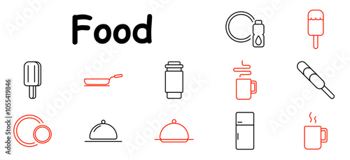 Food set icon. Ice cream, plate, pan, water bottle, hot drink, refrigerator, serving dish, coffee, frozen treat, meal