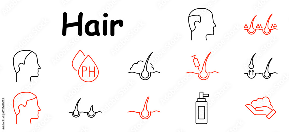 Hair set icon. Hair follicle, pH balance, scalp care, injection, growth, hair product, head profile, hair roots, shampoo, care Hair set icon. Hair follicle, pH balance, scalp care, injection, growth, hair product, head profile, hair roots, shampoo, care