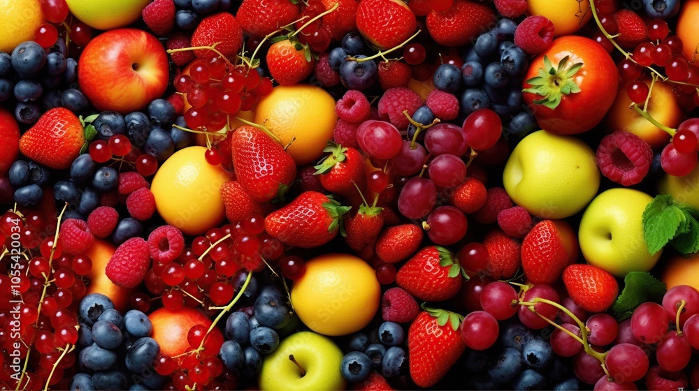 A colorful and vibrant mix of fresh fruits including strawberries, blueberries, raspberries, grapes, apples, and peaches. A colorful and vibrant mix of fresh fruits including strawberries, blueberries, raspberries, grapes, apples, and peaches.