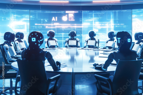 Futuristic ai conference: robots in a high-tech meeting room with digital interfaces