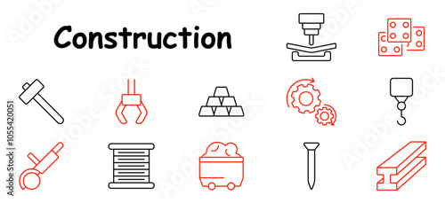 Construction set icon. Hammer, robotic arm, metal bars, processing machine, gear, hook, roller, spool, cart, screw, beam.