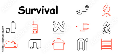 Survival set icon. Thermos, radio, tent, location, campfire, direction signs, knife, trailer, pot, inflatable boat, bunk bed