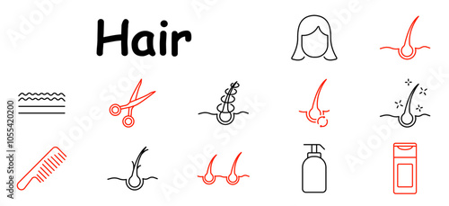 Hair set icon. Wavy lines, scissors, tangled hair, womans hairstyle, root, shiny, comb, scalp, follicles, shampoo, conditioner bottle.