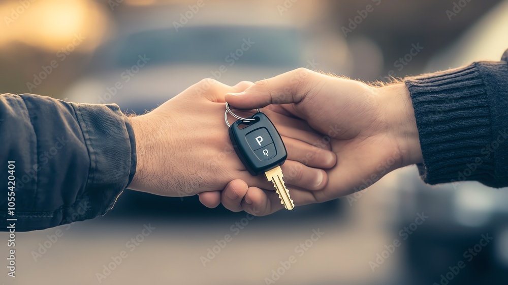 A person handing over car keys to another person. A person handing over car keys to another person.