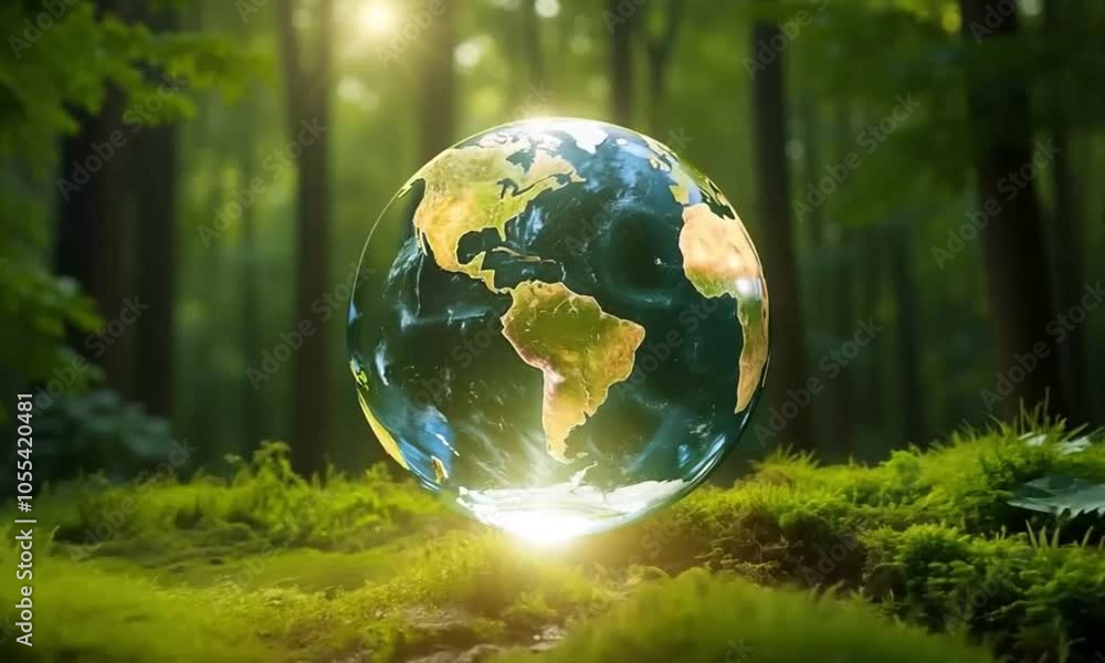 The video shows a glass globe depicting Earth resting on lush, green forest ground with sunlight streaming through trees, symbolizing environmental harmony and sustainability The video shows a glass globe depicting Earth resting on lush, green forest ground with sunlight streaming through trees, symbolizing environmental harmony and sustainability
