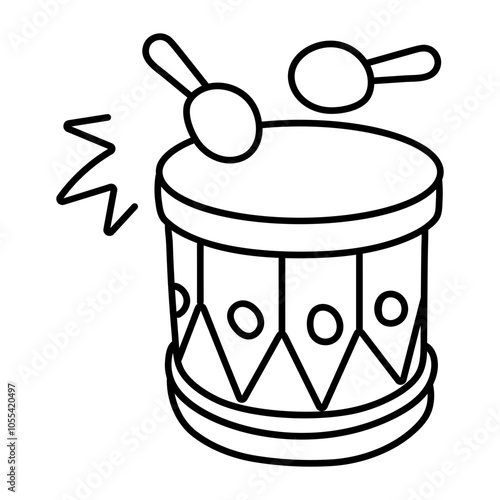 A hand drawn icon of beating drum with drumsticks 

