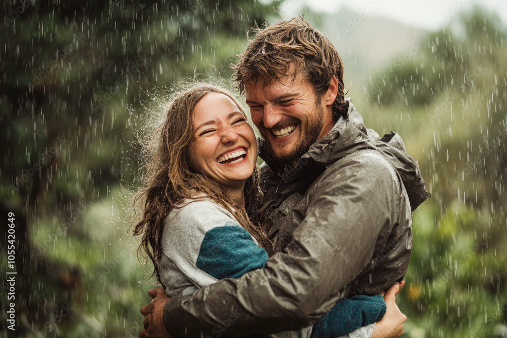 Joyful couple embracing in rainy forest, smiling in warm jackets, happy outdoors experience Joyful couple embracing in rainy forest, smiling in warm jackets, happy outdoors experience