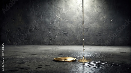 A small gold coin slowly drips down a metal chute onto a dark concrete floor, dropping, metallic, machinery, background photo