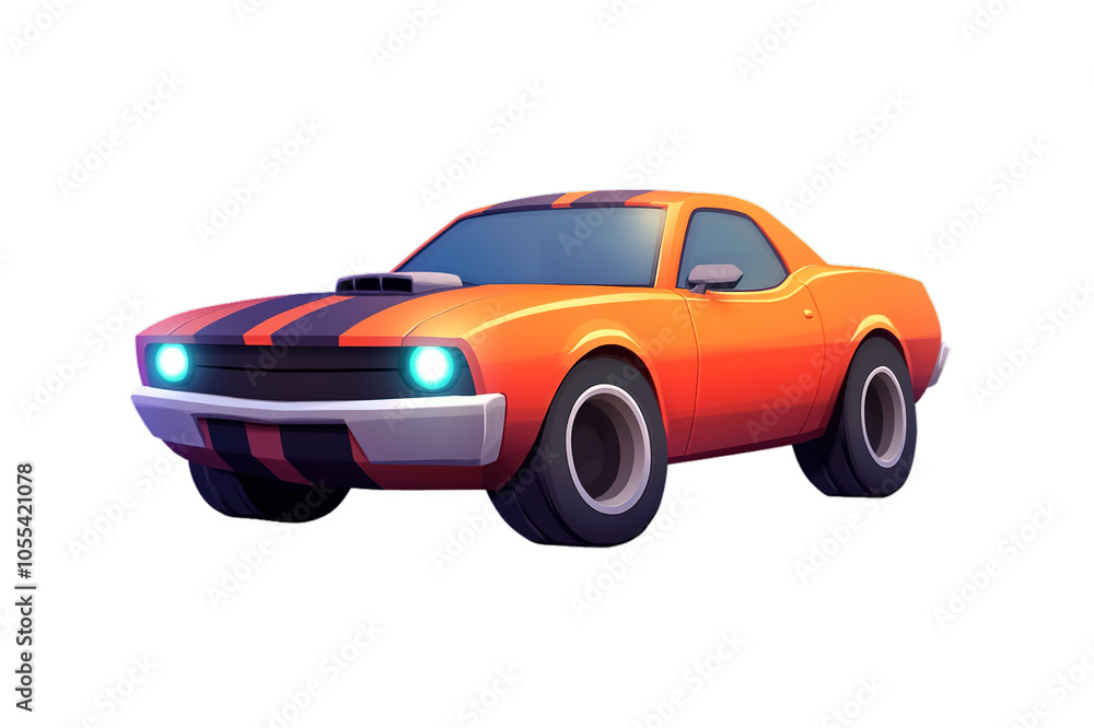 Bright orange muscle car with stripes, stylized digital art. Bright orange muscle car with stripes, stylized digital art.