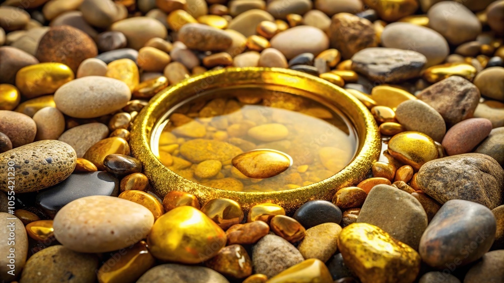 A small pool of golden slime surrounded by a ring of small rocks and pebbles, creating a sense of containment and isolation, golden slime, pebbles, surface, rocks A small pool of golden slime surrounded by a ring of small rocks and pebbles, creating a sense of containment and isolation, golden slime, pebbles, surface, rocks