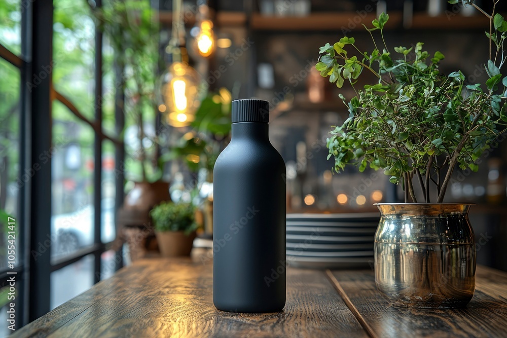 Black Bottle on Wooden Table with Green Plant in Metal Pot Black Bottle on Wooden Table with Green Plant in Metal Pot