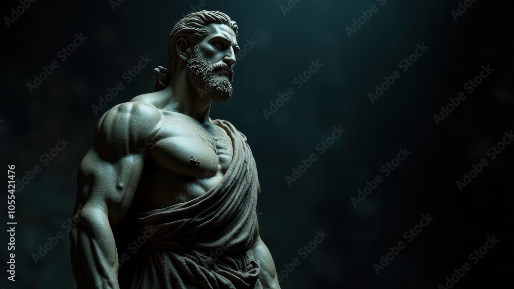 Detailed sculpture of a bearded man with defined muscles, captured with a banner stoic background, representing timeless strength.