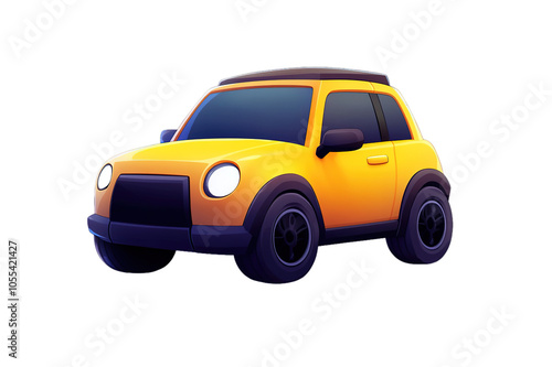 Bright yellow stylized car with black wheels, 3D illustration.