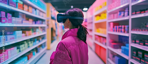 Woman Shopping in a Virtual Reality Supermarket with VR Headset