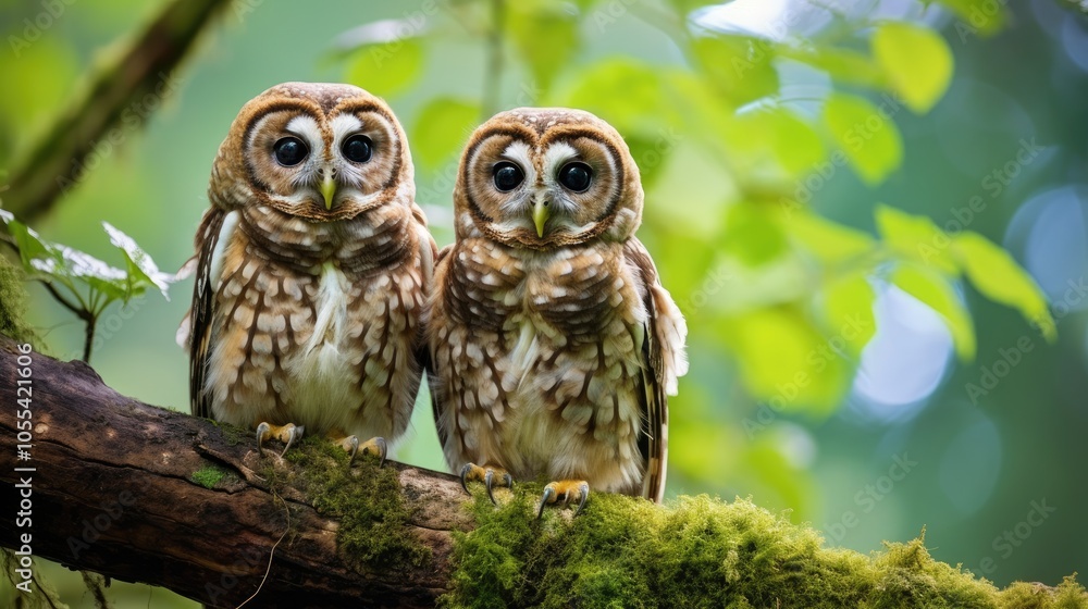 Pair of Spotted Owls Perched on Mossy Branch in Lush Green Forest with Soft Natural Lighting.