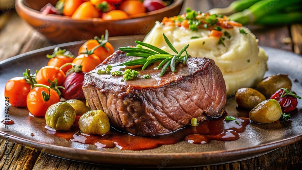Deliciously Arranged Meal with Meat, Garlic Mashed Potatoes, and Roasted Vegetables in Natural Light Deliciously Arranged Meal with Meat, Garlic Mashed Potatoes, and Roasted Vegetables in Natural Light
