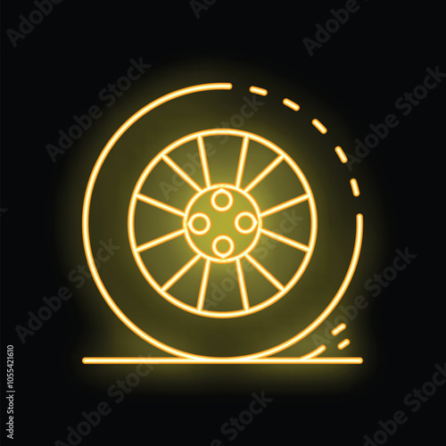 Neon yellow glowing symbol of a car wheel rolling on a surface leaving a dashed track behind