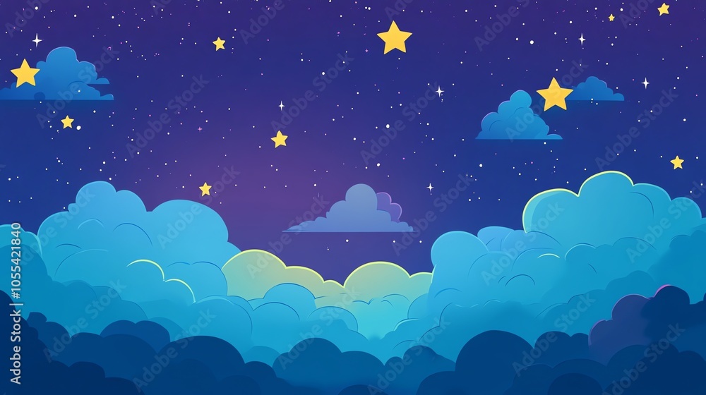An illustration of a night sky with clouds and stars. An illustration of a night sky with clouds and stars.