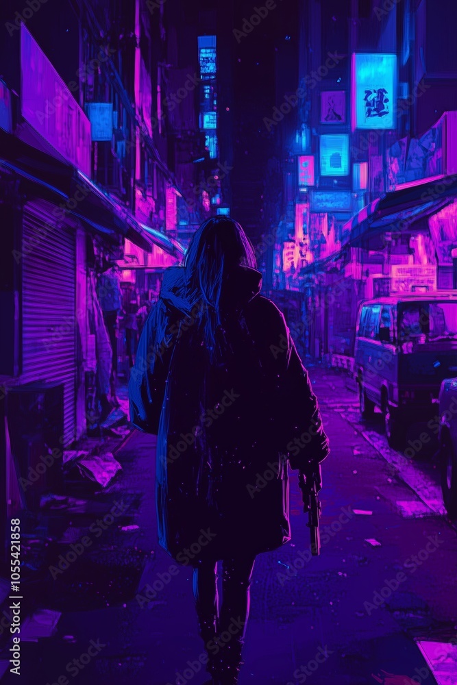 Mysterious figure walking through a neon-lit alley in a bustling city at night, surrounded by vibrant colors and urban ambiance Mysterious figure walking through a neon-lit alley in a bustling city at night, surrounded by vibrant colors and urban ambiance