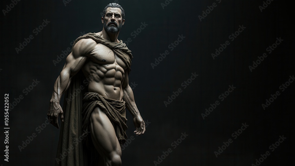 Sculpted male figure with a muscular physique and cloak, presented with a banner stoic background, evoking classical strength and composure. Sculpted male figure with a muscular physique and cloak, presented with a banner stoic background, evoking classical strength and composure.