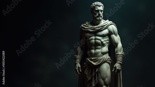 Statuesque male form in a dynamic pose, draped with a cloak, set against a banner stoic background, symbolizing power and calm.