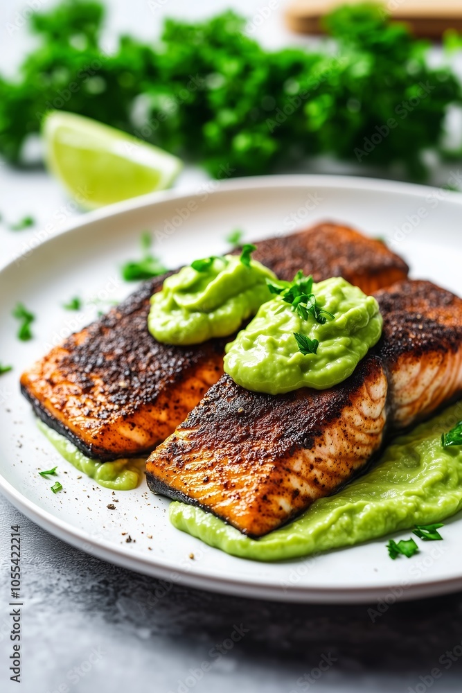 Grilled salmon fillets served with avocado puree and fresh lime on a white plate with garnished herbs Grilled salmon fillets served with avocado puree and fresh lime on a white plate with garnished herbs