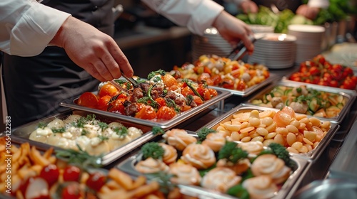 A close up of a buffet line with various dishes of food.