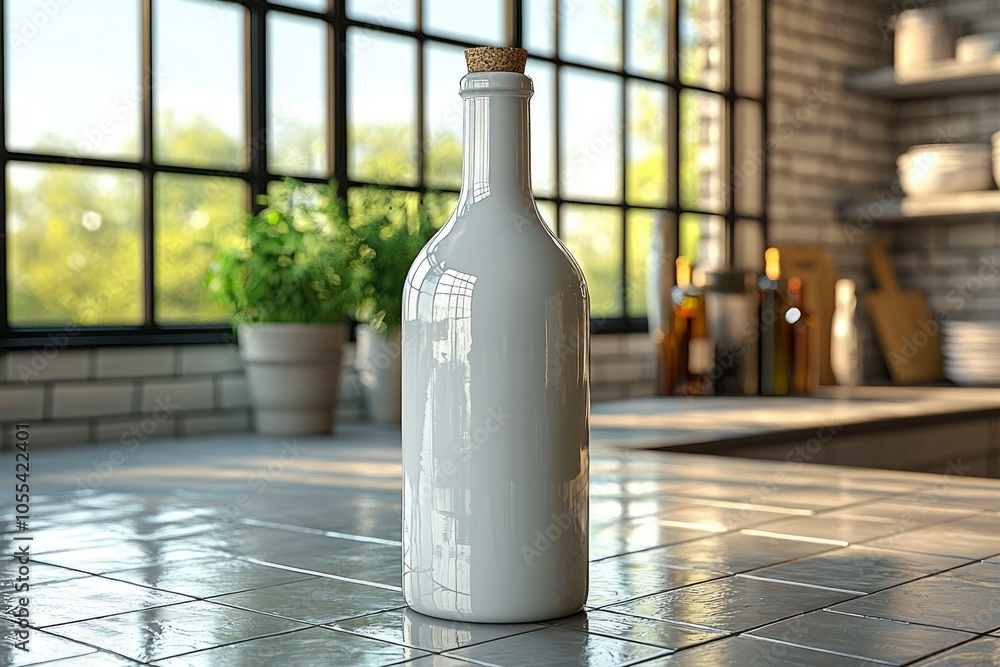 White Wine Bottle on a Kitchen Countertop with a Window View White Wine Bottle on a Kitchen Countertop with a Window View