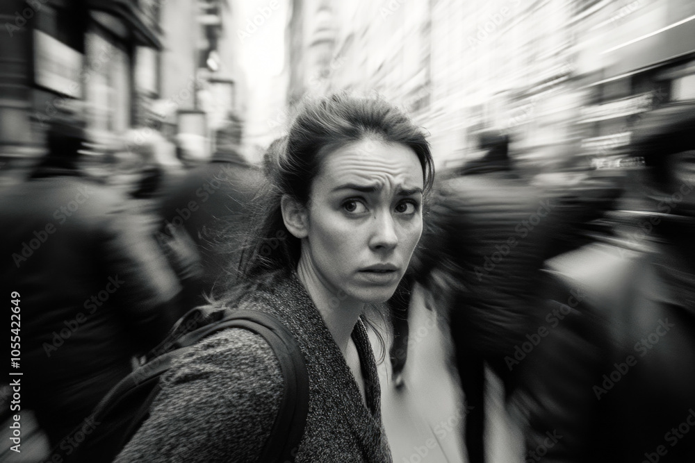 Woman's anxious expression in busy city street capturing urban hustle and bustle Woman's anxious expression in busy city street capturing urban hustle and bustle