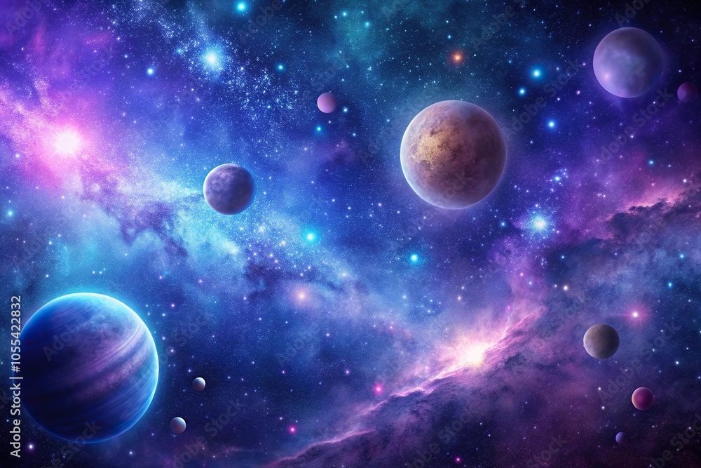 Cosmic night sky with stars and planets in shades of purple and blue, purples, cosmic, dark blues Cosmic night sky with stars and planets in shades of purple and blue, purples, cosmic, dark blues