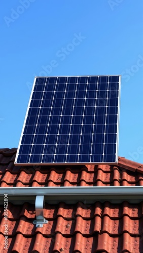 Solar panel on top of a roof with blue sky in the background no people stock photo solar panel Ultra realistic Photorealistic 