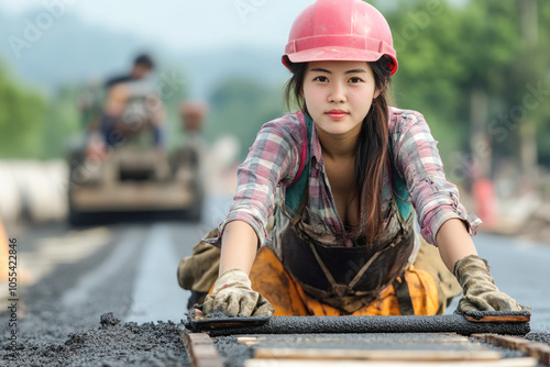 Road construction worker in safety gear laying asphalt on highway