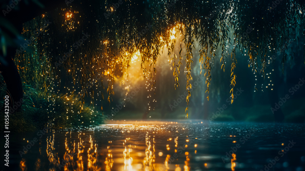 Enchanting willow tree by a tranquil river at sunset Enchanting willow tree by a tranquil river at sunset