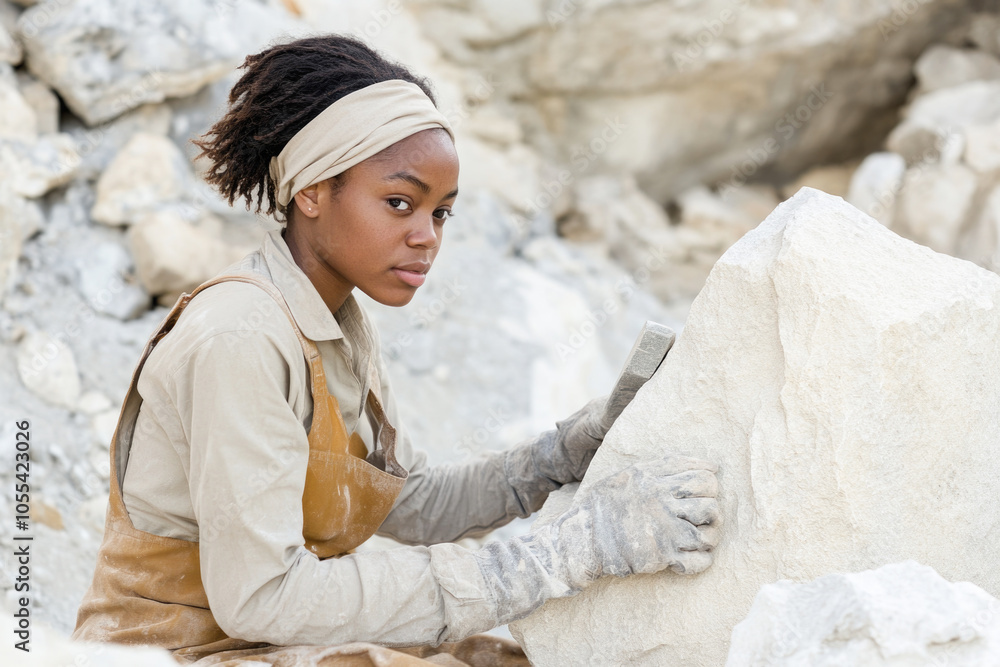 Female sculptor crafting stone art with chisel in outdoor quarry setting Female sculptor crafting stone art with chisel in outdoor quarry setting