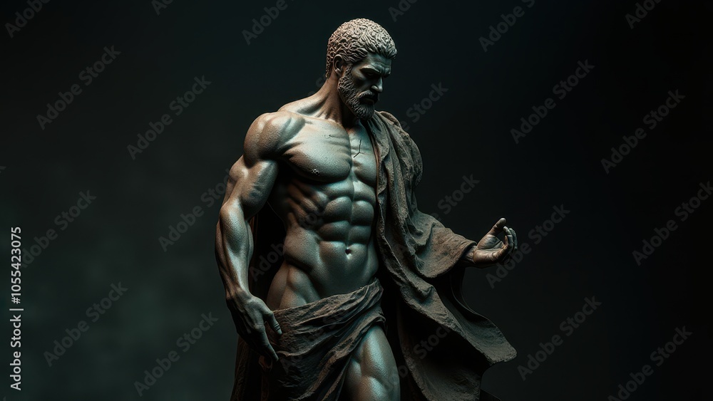 Detailed sculpture of a bearded man with defined muscles, captured with a banner stoic background, representing timeless strength. Detailed sculpture of a bearded man with defined muscles, captured with a banner stoic background, representing timeless strength.