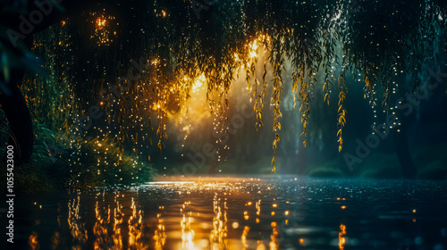 Enchanting willow tree by a tranquil river at sunset