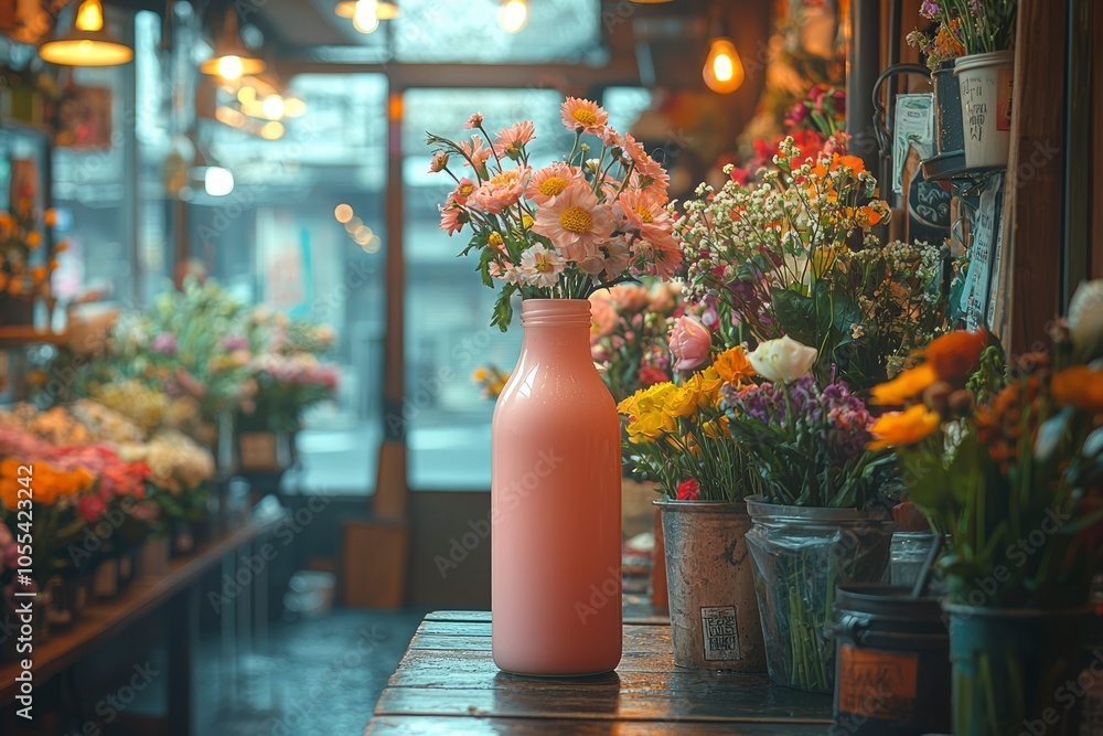 Fototapeta premium Pink Milk Bottle with Pink and Yellow Flowers in a Flower Shop