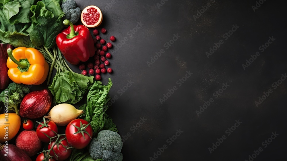 A colorful array of fresh vegetables and fruit on a dark background. There is space for text on the right side. A colorful array of fresh vegetables and fruit on a dark background. There is space for text on the right side.
