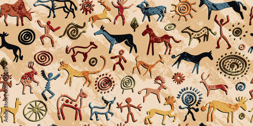 Seamless petroglyph pattern, rock paintings, naive art, vector design	