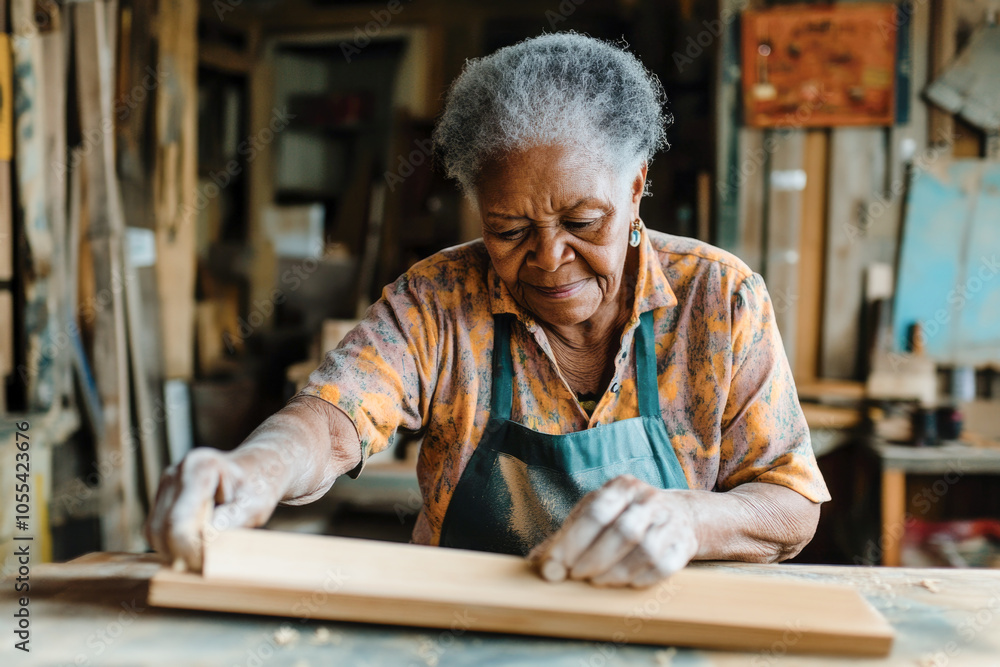 Elderly artisan woodworking in rustic workshop with focused expression and skilled hands Elderly artisan woodworking in rustic workshop with focused expression and skilled hands
