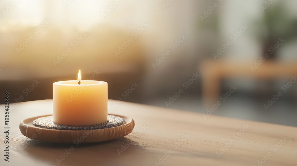 Minimalist candle on wooden tray with soft warm lighting, cozy home decor, relaxation, and peaceful ambiance. Minimalist candle on wooden tray with soft warm lighting, cozy home decor, relaxation, and peaceful ambiance.