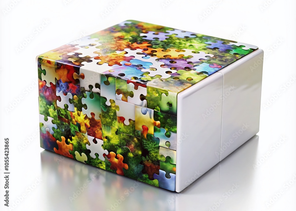 Obraz premium Double Exposure Mock-Up of a White Puzzle Box with Interconnected Pieces for Creative Presentations