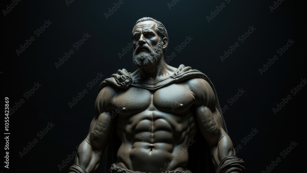 Detailed sculpture of a bearded man with defined muscles, captured with a banner stoic background, representing timeless strength. Detailed sculpture of a bearded man with defined muscles, captured with a banner stoic background, representing timeless strength.