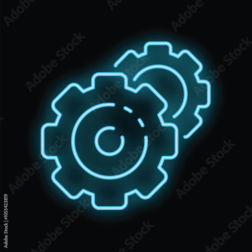 Neon sign depicting two gears turning together, representing teamwork and collaboration