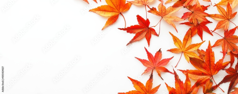 Maple leaves in orange on a white background. Banner. Autumn, fall design with copy space. Maple leaves in orange on a white background. Banner. Autumn, fall design with copy space.