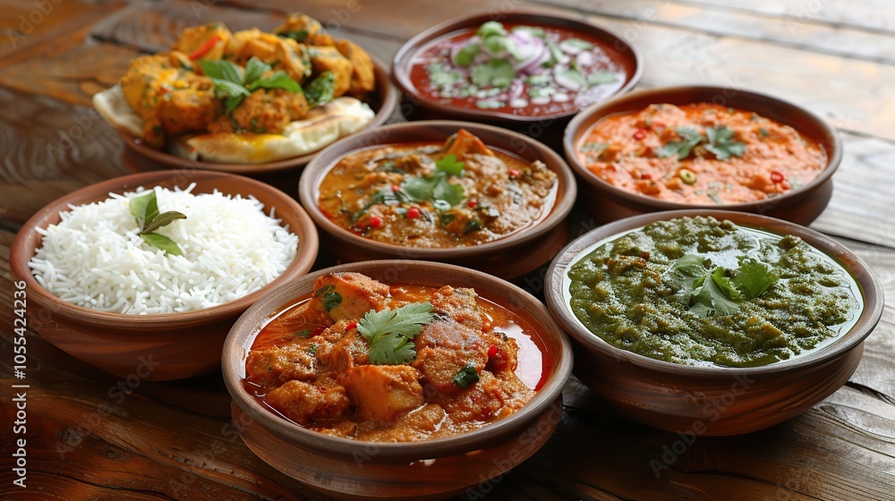 A table full of Indian food, including rice, curry, and naan. A table full of Indian food, including rice, curry, and naan.