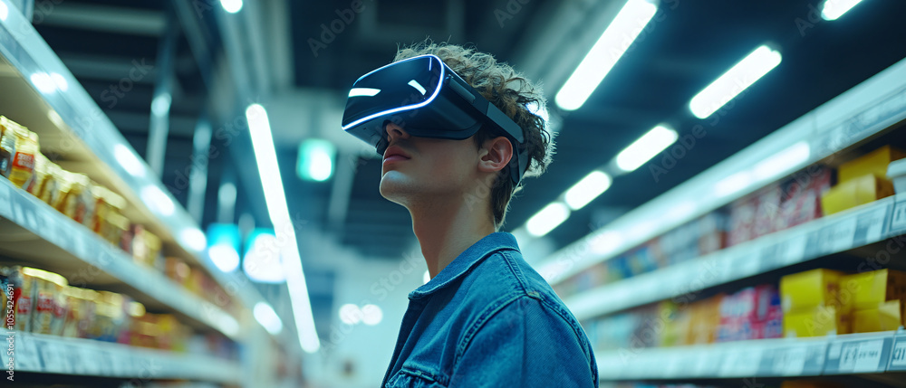 Young Man Wearing VR Headset Shopping in Super Market Young Man Wearing VR Headset Shopping in Super Market