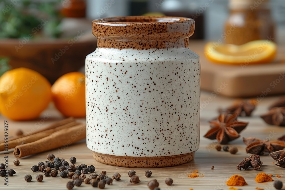 Ceramic Jar with Spices and Citrus on a Wooden Surface Ceramic Jar with Spices and Citrus on a Wooden Surface